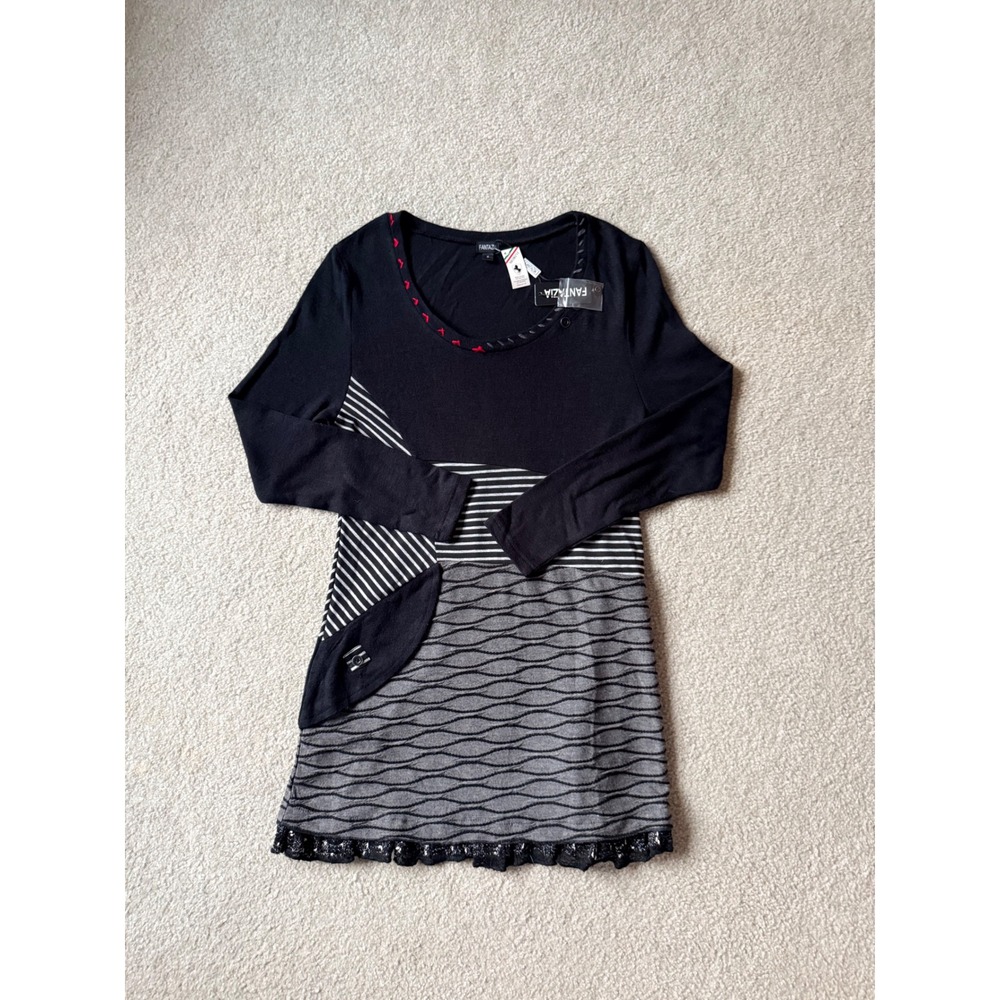 FANAZZA Women's Black Gray Mixed Print Tunic Dress Long Sleeve Boho Artsy